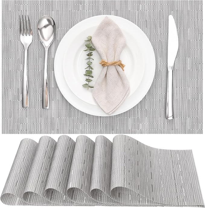 Myir JUN Placemats Set of 6 Kitchen and Dining Table Placemats | Vinyl Placemats Place Mats Indoor/Outdoor Set of 6 Washable Table Mats Non-Slip Place mats for Dining Table, Silver