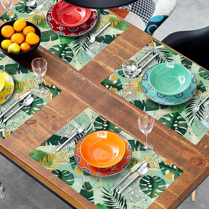 Tropical Palm Leaves Place Mats Set of 4 Green Gold Leaf Summer Washable Heat Resistant Table Mats Linen Fabric Table Mat 12×18 Inch for Party Kitchen Dining Home Decor