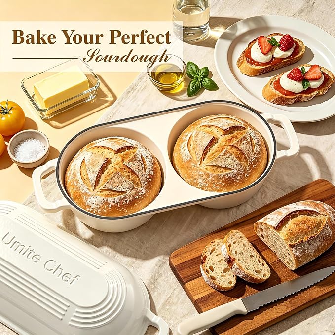 Dutch Oven for Sourdough Bread Baking - Enameled Cast Iron Dutch Oven Pot with Lid and 5" Banneton Bread Proofing Basket & Cotton Potholders, Dual Round Bread Loaf Pan for Homemade Bread, Meatloaf, Cake– (Cream White)