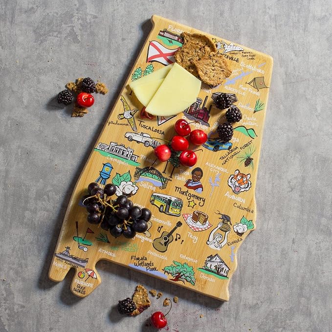 Totally Bamboo Alabama State Shaped Cutting Board, Art by Fish Kiss | State charcuterie board with colorful hand-drawn map artwork. Smooth reverse side for food prep. Hang tie for wall display.