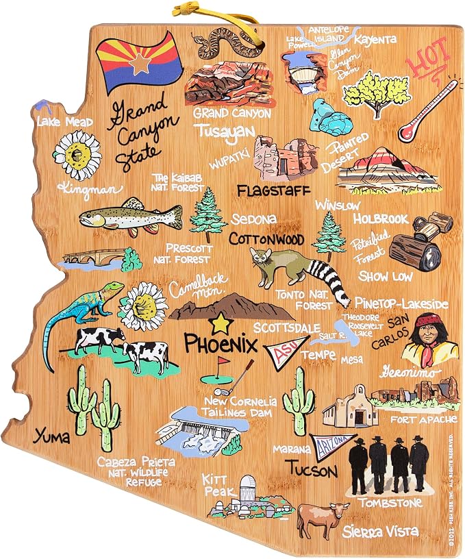 Totally Bamboo Arizona State Shaped Cutting Board, Art by Fish Kiss | State charcuterie board with colorful hand-drawn map artwork. Smooth reverse side for food prep. Hang tie for wall display.