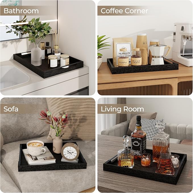 Wooden Serving Tray with Metal Handles|Ottoman Tray for Breakfast, Bed, Couch|17x13in Ash Wood Coffee Table Trays|Food Drinks Decorative Storage Boards for Ottoman Kitchen, Black