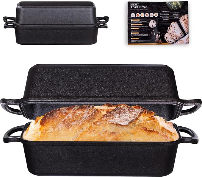GRMImosa Cast Iron Loaf Pan 11x5 Inch with Lid, 5.8 Qt Bread Pan, Black | Heavy-duty Large Cast Iron Loaf Pan with Lid for Sourdough Bread, 5.8 Qt Pre-Seasoned Baking Pan, Even Heat Distribution