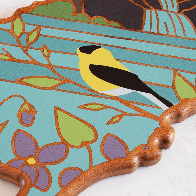 Totally Bamboo New Jersey State Shaped Cutting Board, Summer Stokes Art | State charcuterie board with colorful hand-drawn landscape art. Smooth reverse side for food prep. Hang tie for wall display.