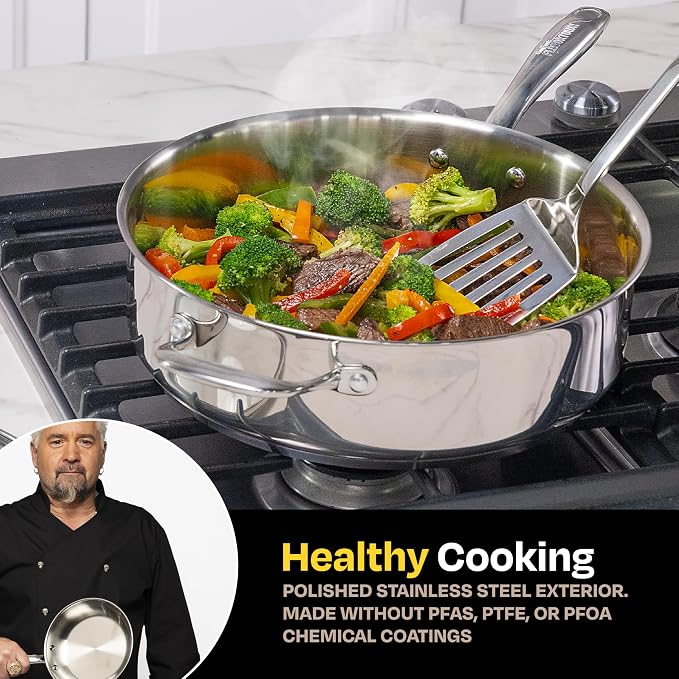 Guy Fieri's Flavortown 5 Qt Stainless Steel Sautepan with Lid | Premium Three-Layer Base Cookware, Oven-Safe up to 500F