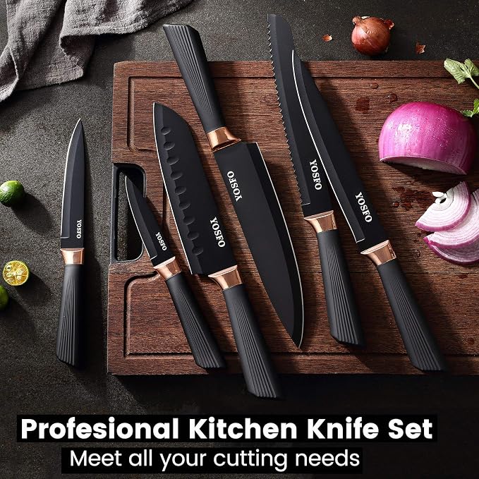 Kitchen Knife Set with Block, Knives Set with Acrylic Stand, 17Pcs Stainless Steel Cutlery Knife Block Set includes Serrated Steak Knives Set, Chef Santoku Knives, Scissor, Sharpener and Holder