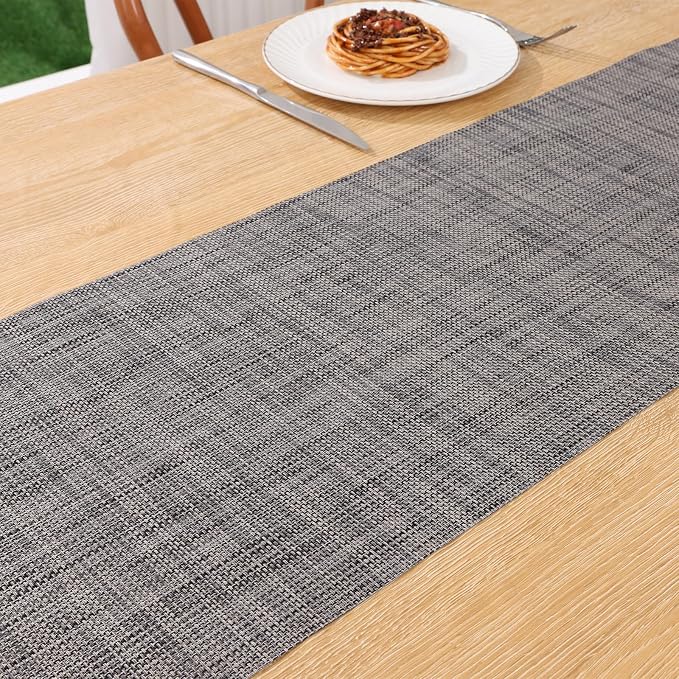 SHACOS Woven Vinyl Table Runners 12 x 54 inch Wipeable PVC Weave Table Runner Heat Resistant Runner for Dining Table Indoor Outdoor, Dark Gray