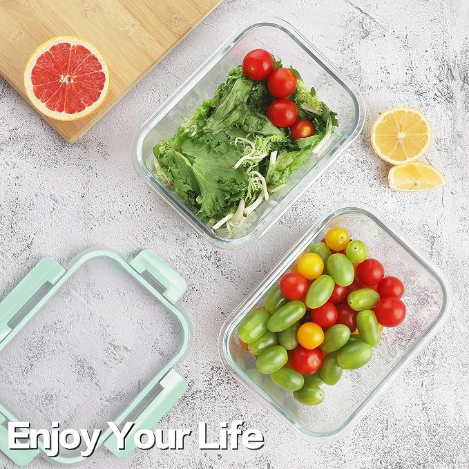 8-Pack 36oz Large Glass Meal Prep Containers with Leakproof Snap-Lock Lids | Borosilicate Glass Food Storage Containers and Bento Boxes , BPA-Free, Oven, Freezer and Dishwasher Safe-Light Blue