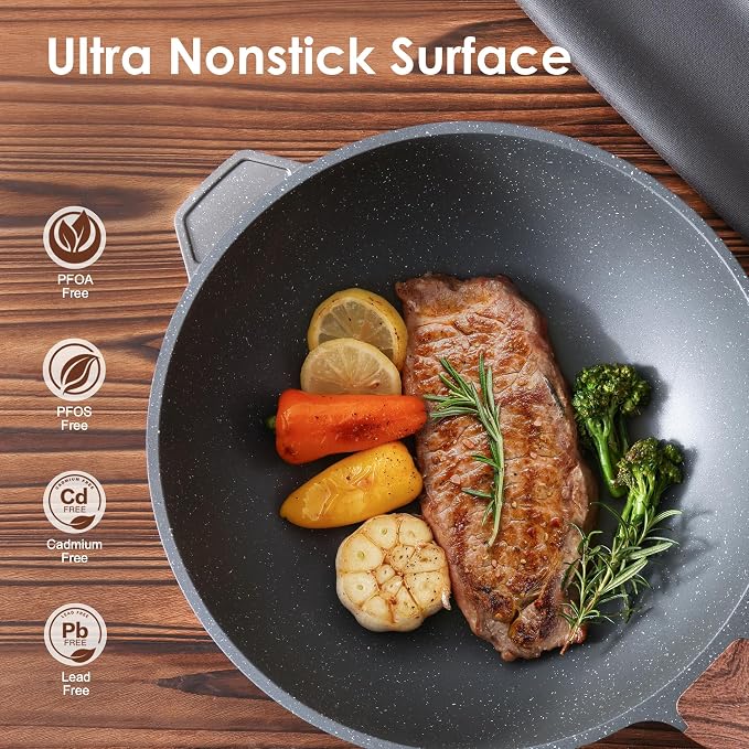 SENSARTE Nonstick Wok Pan with Lid 11Inch, Healthy Stir-fry Pan Chef's Pan | Induction Cookware, Swiss Granite Coating, Even & Fast Heating, Non stick Frying Pan Skillet, Stay-cool Handle, PFOA Free