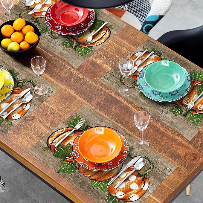 Thanksgiving Placemats Set of 4 18x12 Inch Autumn Pumpkins Thankful Linen Place Mats Heat-Resistant Washable Wipeable Fall Seasons Holiday Table Mat for Party Kitchen Dining Room Dinner Table Decor