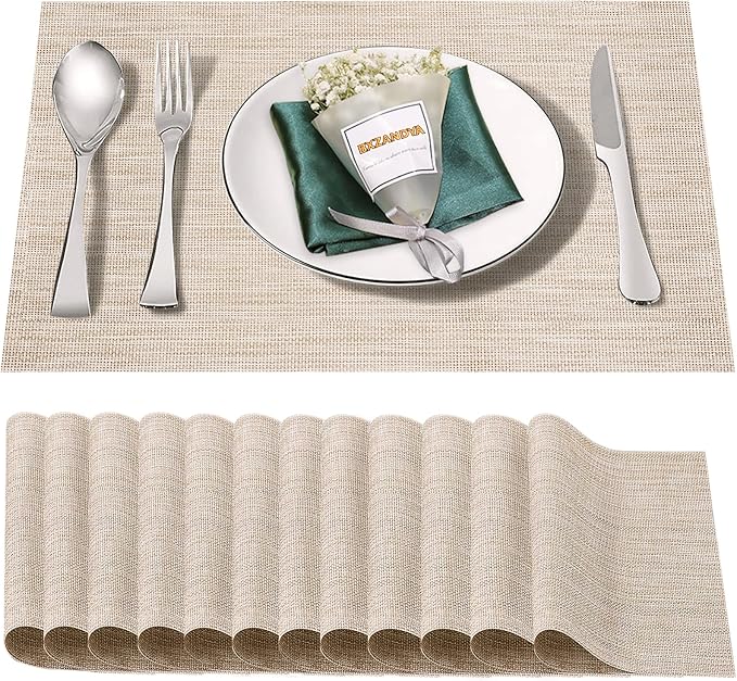 Beige White Vinyl Placemats Set of 12,Washable PVC Table Mats | Heat resistant, stain resistant non slip vinyl place mats, washable beige white table placemats for dining table