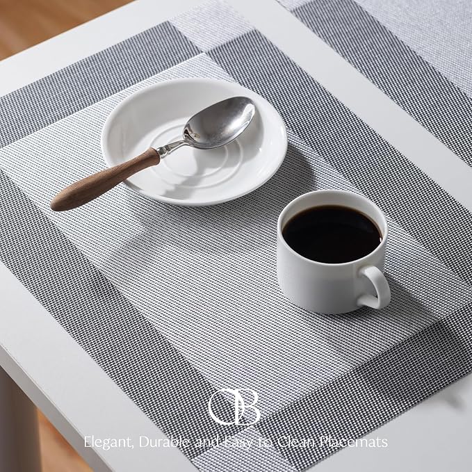 Placemats Set of 8 - Easy Clean Woven Vinyl Placemats for Dining Table, Indoor/Outdoor Place Mats, Washable PVC Table Mats （Silver Cube）