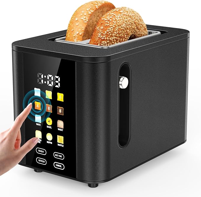 Touch Screen Toaster 2 Slice Black Toaster with Digital Countdown Wide Slot LCD Display 2 Slice Toasters Smart Toasters 6 Shade Settings 6 Bread Type with Reheat/Add Time/Defrost/Cancel Function