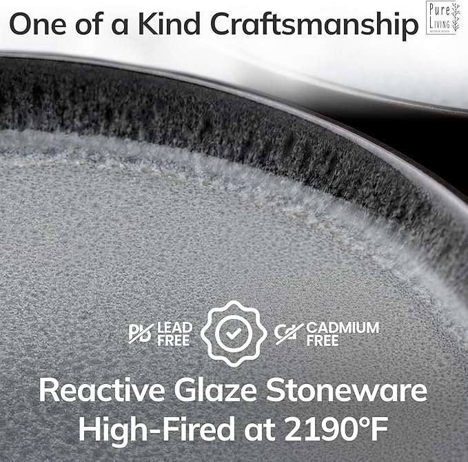 24 Piece Stoneware Dinnerware Set for 8 - Handmade Reactive Glaze Plates and Bowls Set - Lead & Cadmium Free - Chip & Scratch Resistant - Dishwasher Microwave Safe - Dark Gray