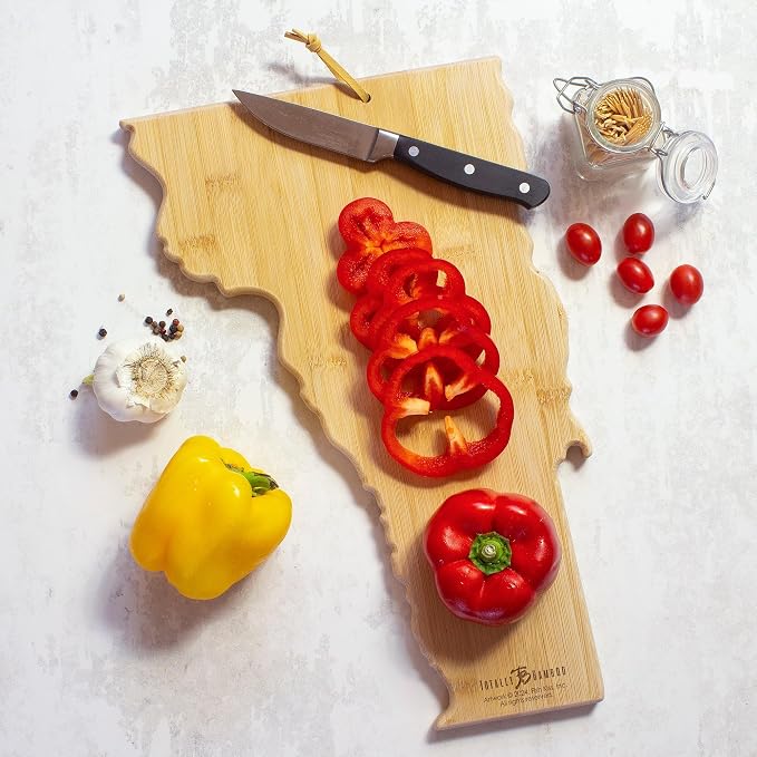 Totally Bamboo Vermont State Shaped Cutting Board, Art by Fish Kiss | State charcuterie board with colorful hand-drawn map artwork. Smooth reverse side for food prep. Hang tie for wall display.