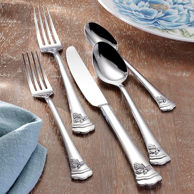 Lenox Butterfly Meadow II 65-Piece Silverware Set for 12, Flatware | mirror finish, dishwasher safe | includes serving spoons and utensil set | heavy duty, cutlery set for kitchen and dining