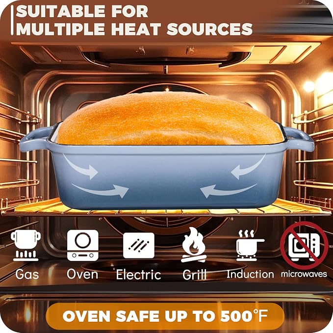 Cast Iron Loaf Pan with Lid, 9x5 Loaf Pans for Homemade Bread | Cast Iron Bread Pan for Sourdough Baking, 9x5 Loaf Pan with 2-In-1 Design, Even Heat Distribution, Sea Salt Enameled