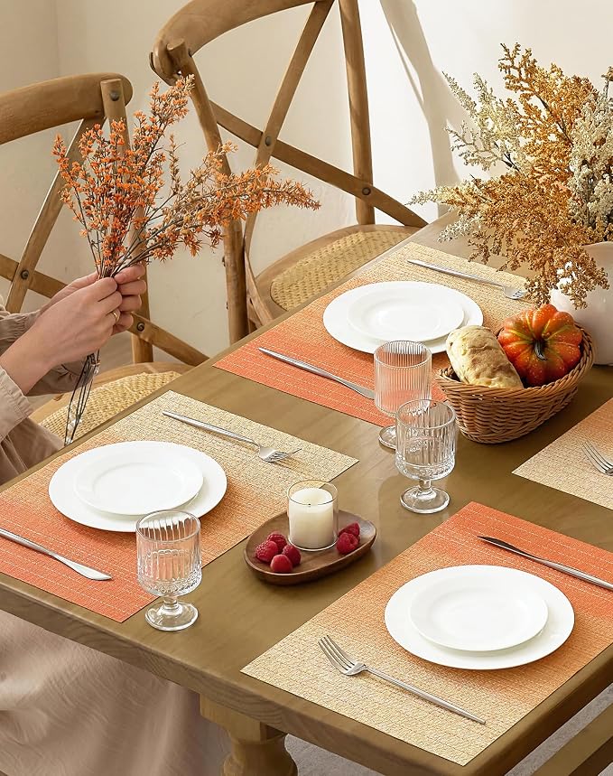 Leetaltree Gradient Burnt Orange Woven Placemats Set of 12 - Heat Resistant Non-Slip Fall Place Mats for Dining Table, Washable Durable PVC Vinyl Woven Table Mats(Gradient Orange-red, 12)