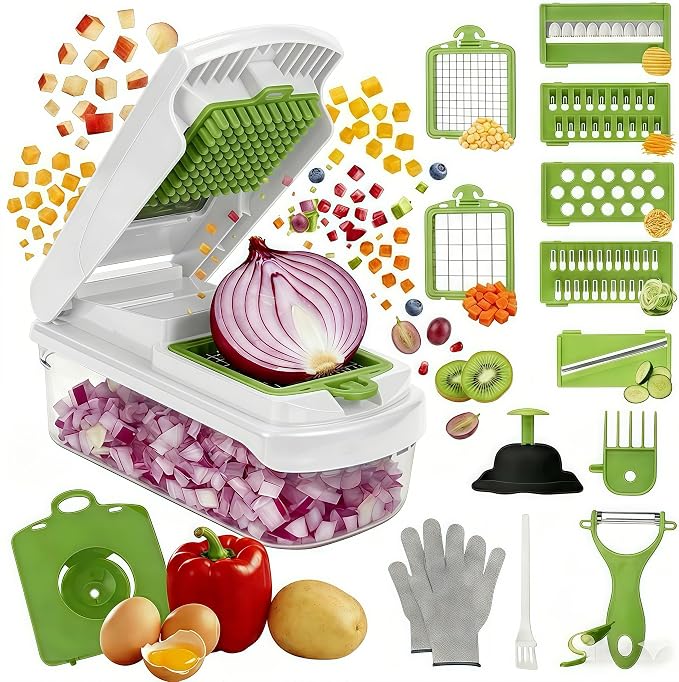 7 Blades Adjustable Mandoline Slicer, Multifunctional Veggie & Fruit Cutter | Features 7 stainless steel blades for multi cutting modes. Built-in safety guard, compact for daily vegetable and fruit prep.