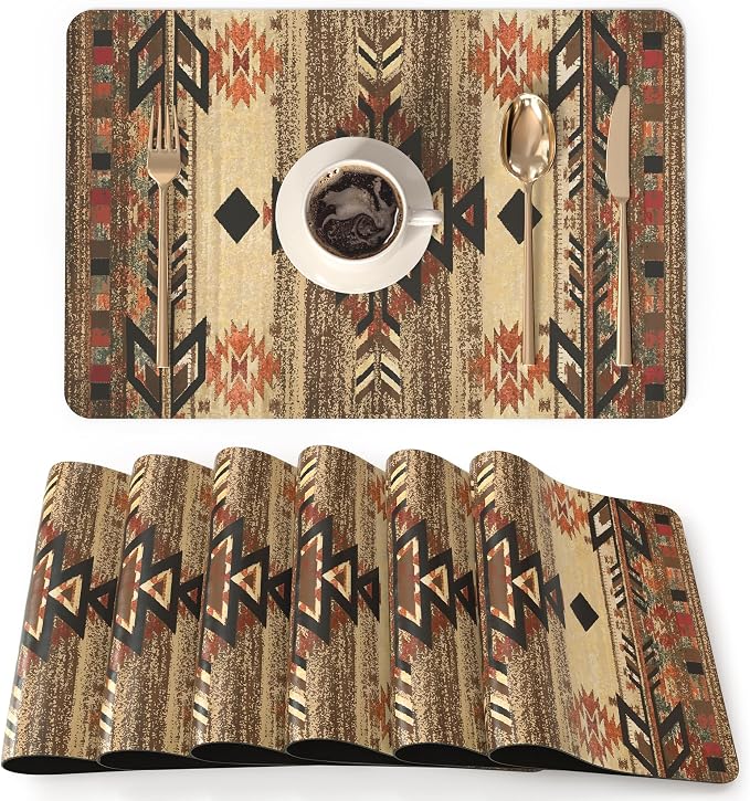 QIYI PU Leather Placemats Set of 6, 12"x18" Waterproof Table Mats, Folk Geo | Faux Leather, Heat Resistant, Anti Slip, Wipeable Place Mats for Kitchen Dinning, Party Table Décor, Geometric Motifs