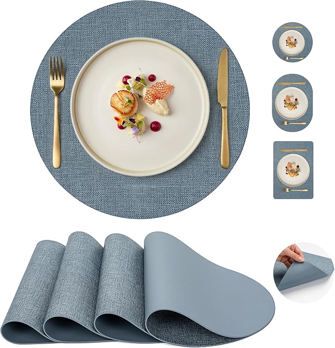Faux Leather Placemats Set of 4, Wipeable Waterproof Stain Resistant Table Mats, Heat Resistant Thick Placemats with Hand-Painted Edges for Kitchen Dining, Imitative Linen Texture, Various Shapes