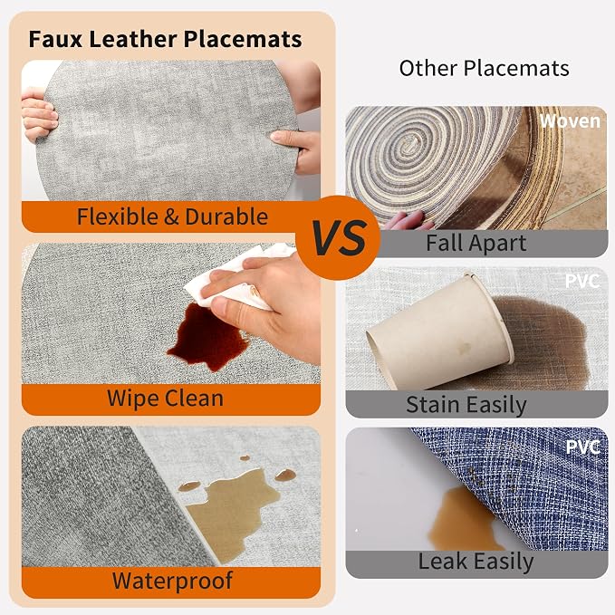 Maxpearl Faux Leather Round Placemats Set of 6, 13.8 inch, Grey | Waterproof, Heat Resistant, Non Slip, Wipe Clean Dining Table Place Mats, Suitable for Indoor & Outdoor Use, Table Settings