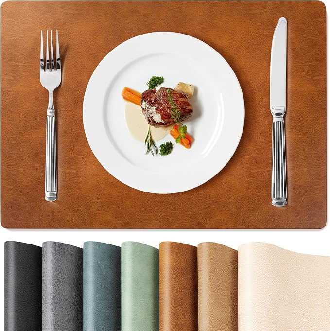Roxifina Vinyl Placemats Set of 8 - Faux Leather Waterproof Washable PU Place Mats, Heat Resistant 12 x 17 Inch Easy Clean Wipeable Non-Slip Table Mats for Dining, Kitchen, Outdoor (Reddish Brown)