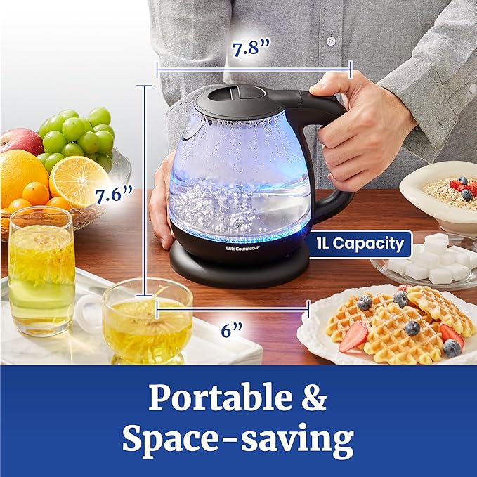 Elite Gourmet EKT1001 1.0L Glass Kettle, 1100W, Cordless Base, Black | BPA-Free Glass, Blue LED Interior, 360° Base, Auto Shut-Off Function, Quickly Boil Water for Tea & More