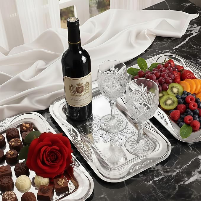 Silver Serving Tray Set of 6, 14 x 9 Inch Silver Platters for Serving Food Party, Bow Floral Engraved Mirror Trays for Charcuterie Cookies Desserts Snacks Fruit, Weddings Birthdays Festive Occasions