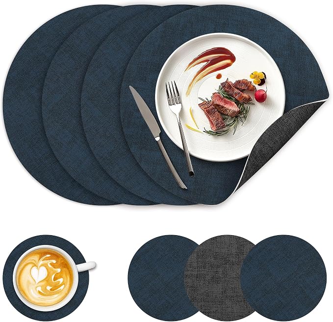 NCUE 13" Faux Leather Round Placemats Set of 4, Reversible Dual-Color | With 3.9" Coasters, 2 mm Vinyl Table Mats, Waterproof Wipeable Heat Resistant, Non-Slip Texture, for Dinner Party Home Decor