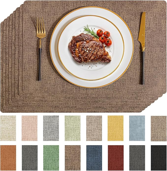 Romanstile Vinyl Placemats Set of 8-12 X 17 Inch - Faux Leather 100% Waterproof Wipeable Anti Slip Place Mats, Heat Resistant Reversible PU Table Mats for Kitchen Dining Party Outdoor, Brown
