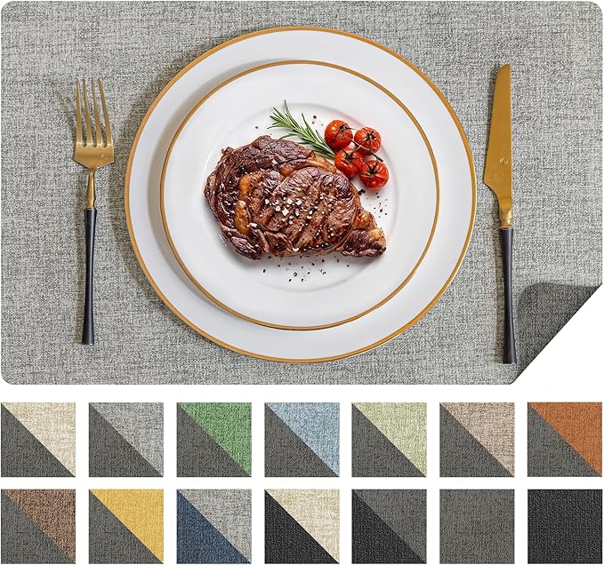 Romanstile Vinyl Placemats Set of 4, Reversible Faux Leather Heat Resistant Wipeable Table Mats, Waterproof Washable Non-Slip Table Placemats for Dining/Kitchen/Outdoor (Grey Light Grey, 12" x 17")