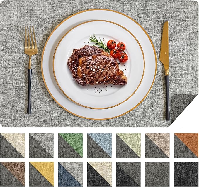 Romanstile Vinyl Placemats Set of 8, Reversible Faux Leather Heat Resistant Wipeable Table Mats, Waterproof Washable Non-Slip Table Placemats for Dining/Kitchen/Outdoor (Grey Light Grey, 12" x 17")