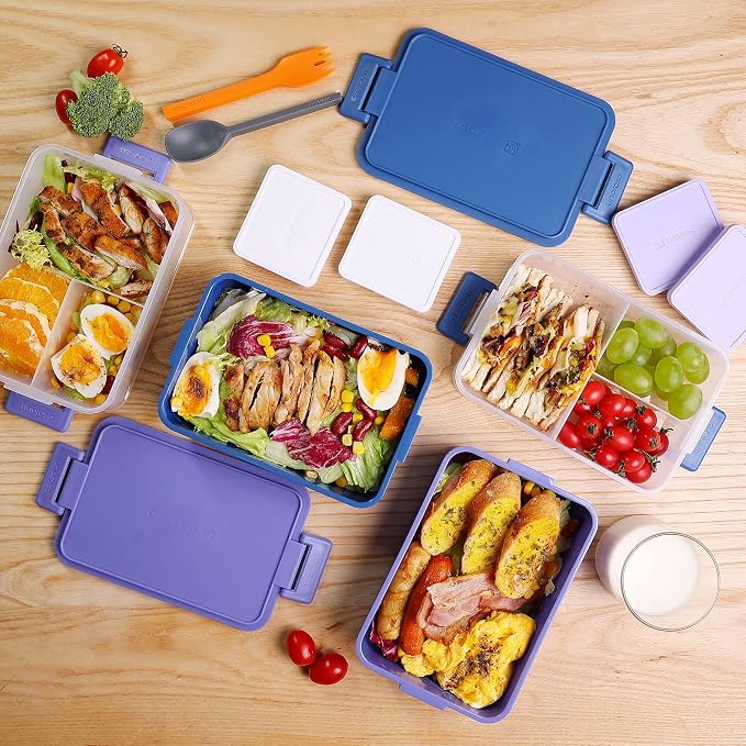 Stackable 2-Tier Adult Bento Box, 4 Compartments - Classic Blue | leakproof sauce cups, utensil set included, microwave & dishwasher safe, 7 colors available, ideal for work/school/picnic
