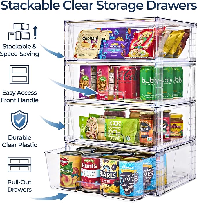 Sorbus Stackable Clear Storage Drawers, Pull-Out Organizer Bins – Large Plastic Drawer Organizers for Bathroom, Under Sink, Closet, Pantry & Kitchen Organization (4 Pack)