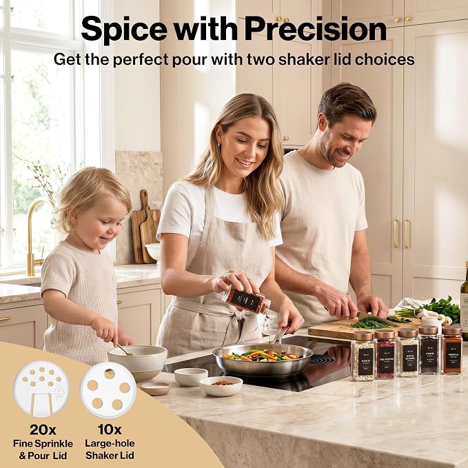 Glass Spice Jars with Label, 24x Champagne Bronze Steel Lids | Airtight Lids keep spices fresh, Kitchen Spice Drawer Organizer, 4oz Seasoning Containers incl. Funnel, Brush & 240 Labels