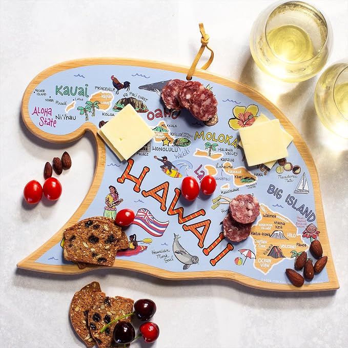 Totally Bamboo Hawaii State Shaped Cutting Board, Art by Fish Kiss | State charcuterie board with colorful hand-drawn map artwork. Smooth reverse side for food prep. Hang tie for wall display.