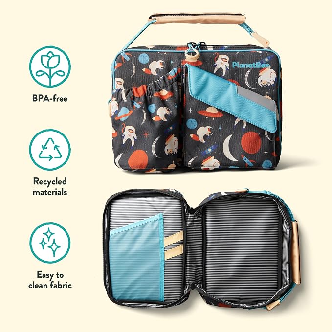 PlanetBox Rover Stainless Steel Bento Box Style Lunch Box Kit for Kids with 5 Compartments – Space Animals Edition includes Insulated Lunch Bag, Leakproof Food Containers and Matching Magnets