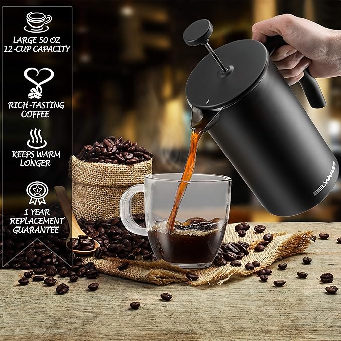 French Press Coffee Maker - 50oz Stainless Steel, Insulated Coffee Press | Large 6 Cup 50oz Capacity, Double Wall Keeps Coffee Hot, 4 Level Filter for Ground Free Coffee, 2 Extra Filters, Matte Black