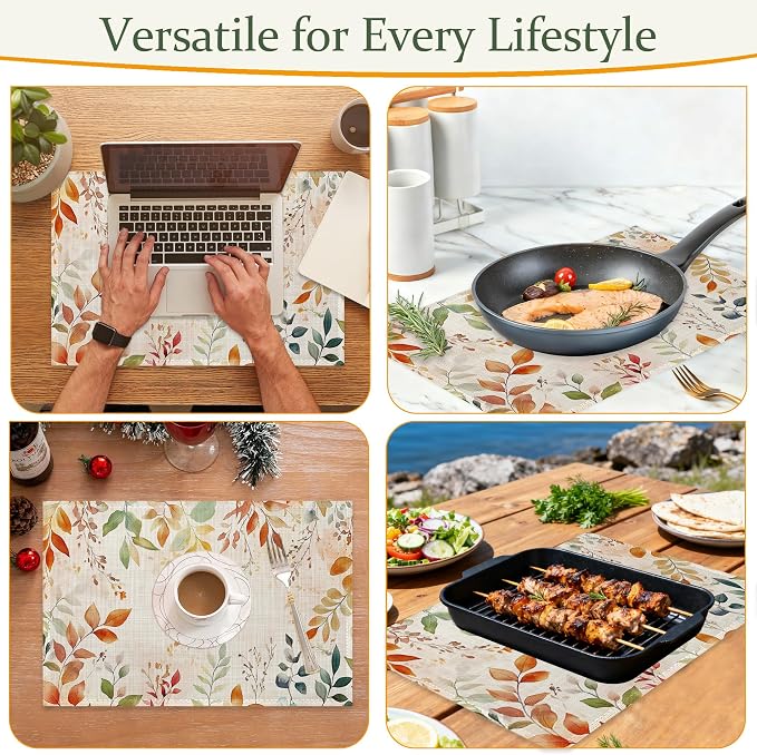 Fall Leaves Fabric Placemats,Autumn Watercolor Leaf Table Placemats Set of 6 Cloth Place Mats, Washable Heat-Resistant Table Mats for Home Kitchen Dining Room Decoration 11.8x17.7 Inch