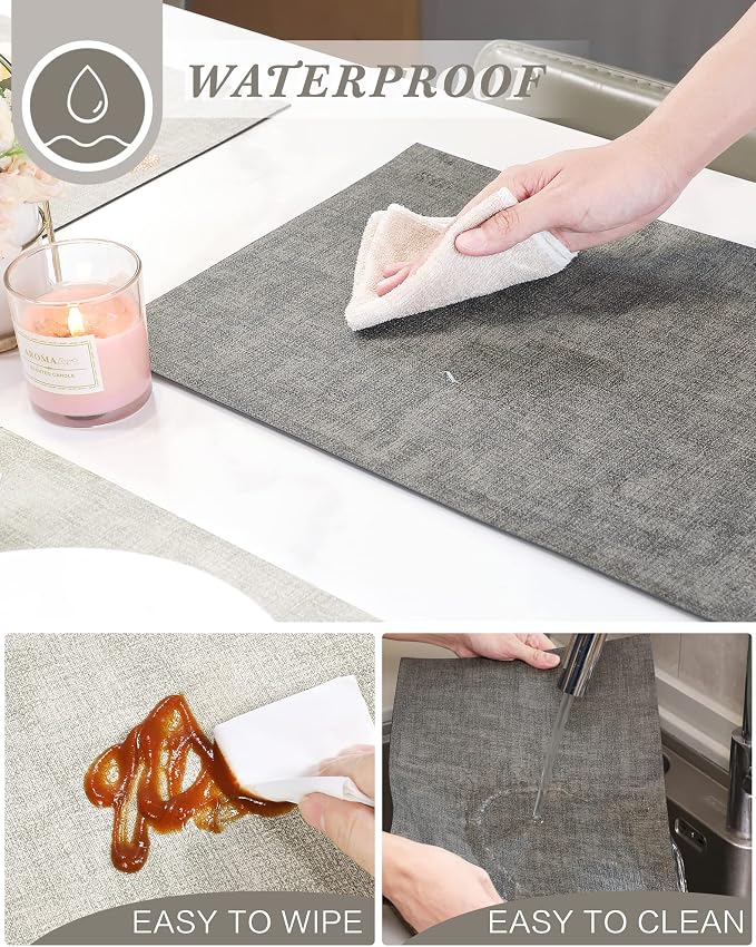 Leather Placemats Table Mats Set of 6, Light Grey & Smoky Grey | Reversible Non-Slip Table Placemats, Heat-Resistant and Waterproof for Dining Kitchen and Holiday Parties