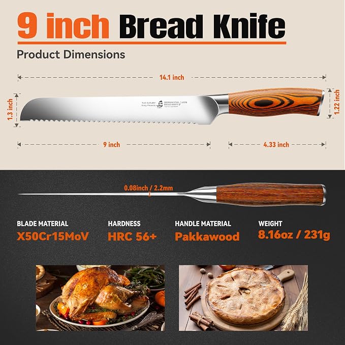 TUO Bread Knife, 9 inch Sharp Serrated Slicing Knife for Homemade Sourdough Bread, High Carbon German Steel, Ergonomic Handle, Gift Box Included