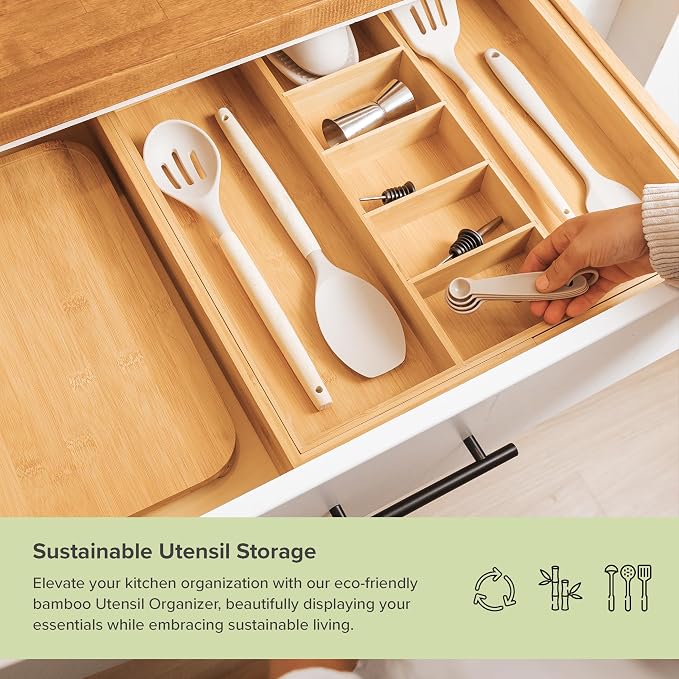 Utensil & Junk Drawer Organizer, 19-33 in, Bamboo | Food-safe contract grade, 100% sustainable wood, non-slip, adjustable