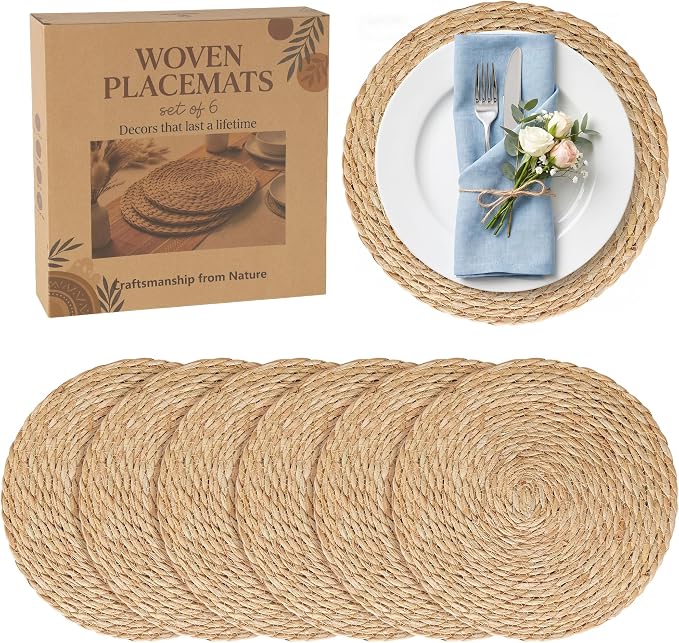 6 Pack 12IN Round Woven Placemats, Natural Bulrush Boho Farmhouse Mats | Heavy-duty hand-woven wicker mats for dining table, kitchen, patio BBQ, garden party. Flat-packed storage box. Rustic decor.