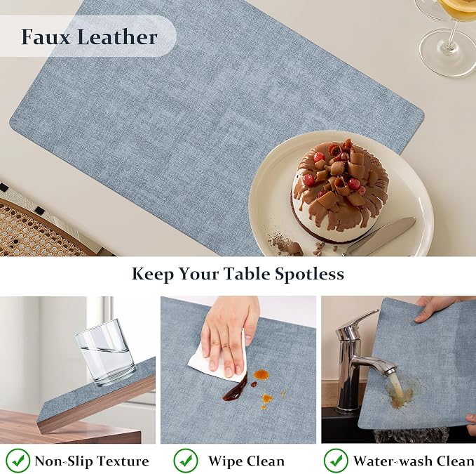 FROMHEART Faux Leather PU Placemats Set of 4 (Light Blue,11.8" x 17") | Waterproof,Heat/Oil Stain-Resistant Table Mat–Reversible,Non-Slip,Easy to Clean Place Mats for Kitchen,Dining,Indoor/Outdoor