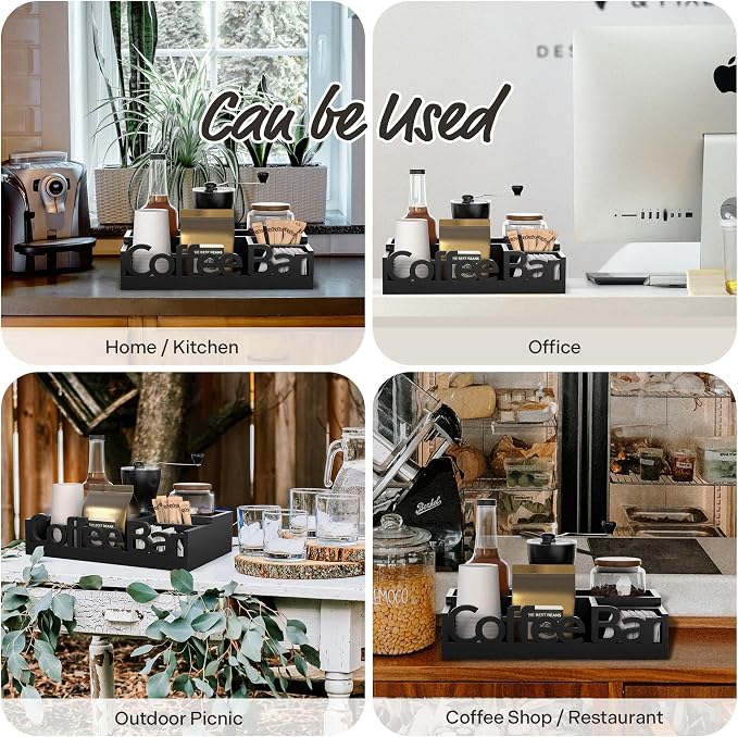 Coffee Bar Organizer Countertop,Wood Caddy with Compartments for Pods,Black | Coffee Pods, Sugar Packets, Stir Sticks & Cups