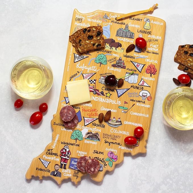 Totally Bamboo Indiana State Shaped Cutting Board, Art by Fish Kiss | State charcuterie board with colorful hand-drawn map artwork. Smooth reverse side for food prep. Hang tie for wall display.