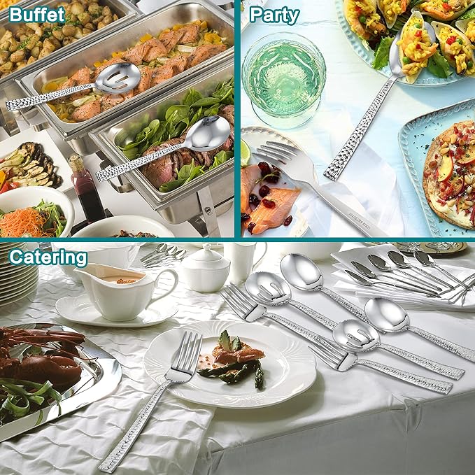 E-far Hammered Serving Utensils, 6PCS Stainless Steel Hostess Serving Set | 8.7 Inch Square Cutlery, Metal Serving Spoon/Slotted Spoon, Fork for Party Buffet Catering, Mirror Finished & Dishwasher Safe