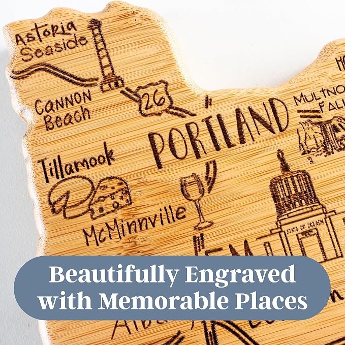 Totally Bamboo Destination Oregon State Shaped Cutting Board | State charcuterie serving board with engraved map artwork. Smooth reverse side for food prep. Hang tie for wall display.