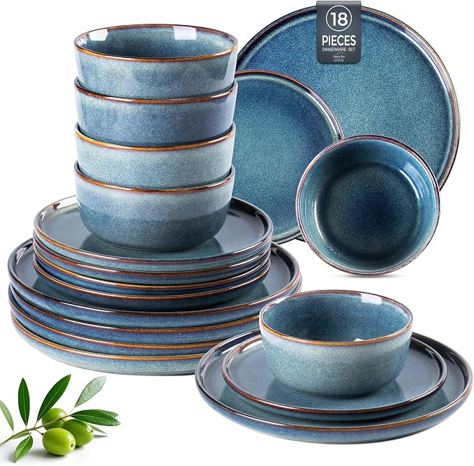 AmorArc Stoneware Dinnerware Sets for 6, 18Pcs Plates and Bowls Sets Dishes | Ceramic Round Reactive Glaze Dishes Set, Highly Scratch Resistant | Dishwasher & Microwave Safe Dishware